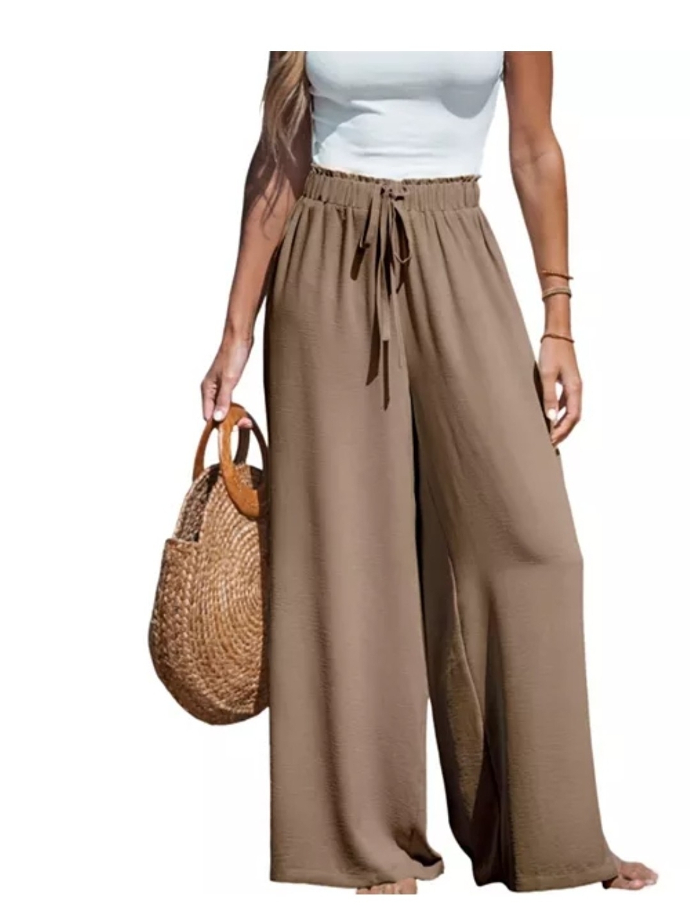 Wide Leg Drawstring Pants - Brown